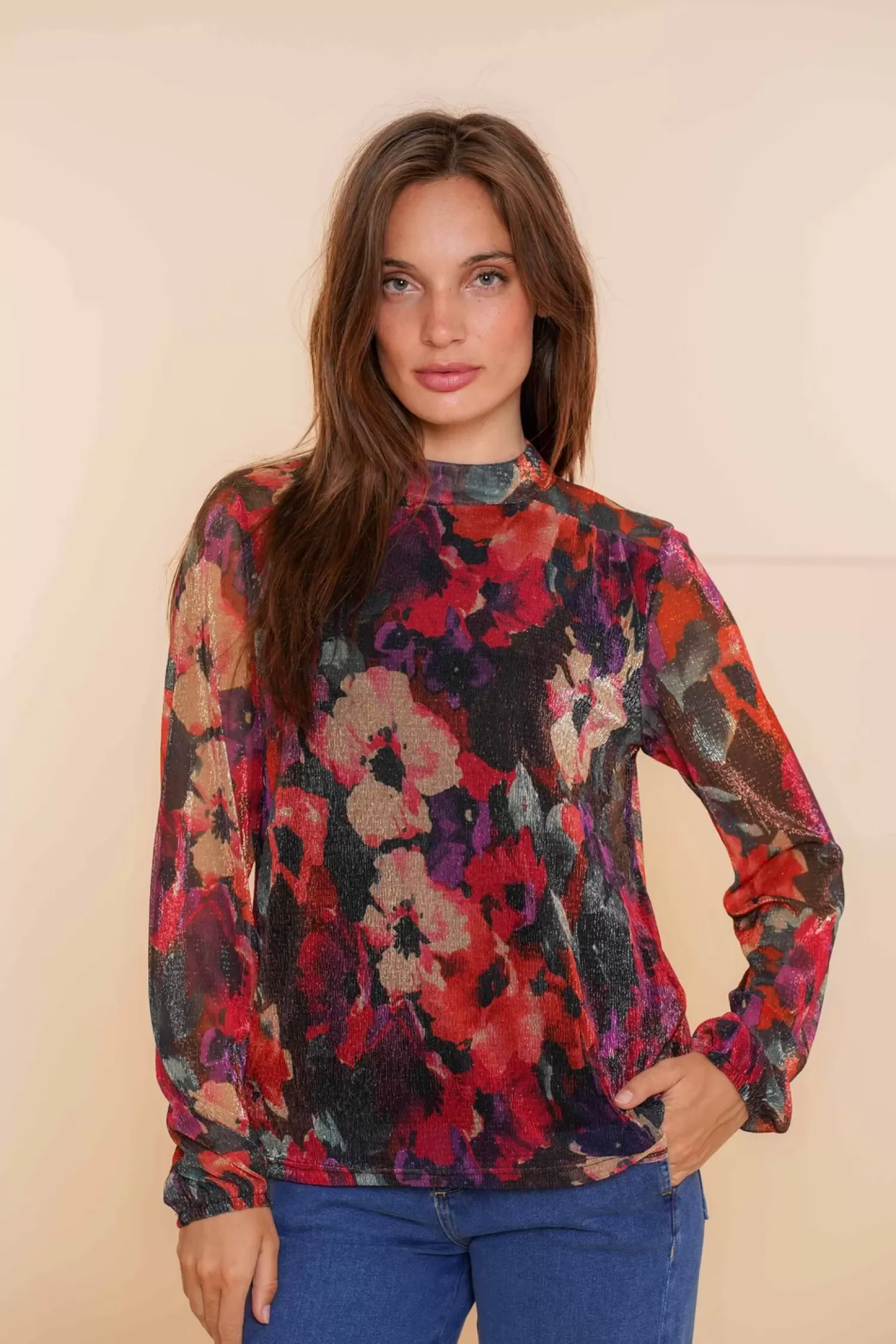 Geisha Fashion Tops & T-shirts*Geisha Dames Bloemenprint Top Met Glitter 43663-20 blue