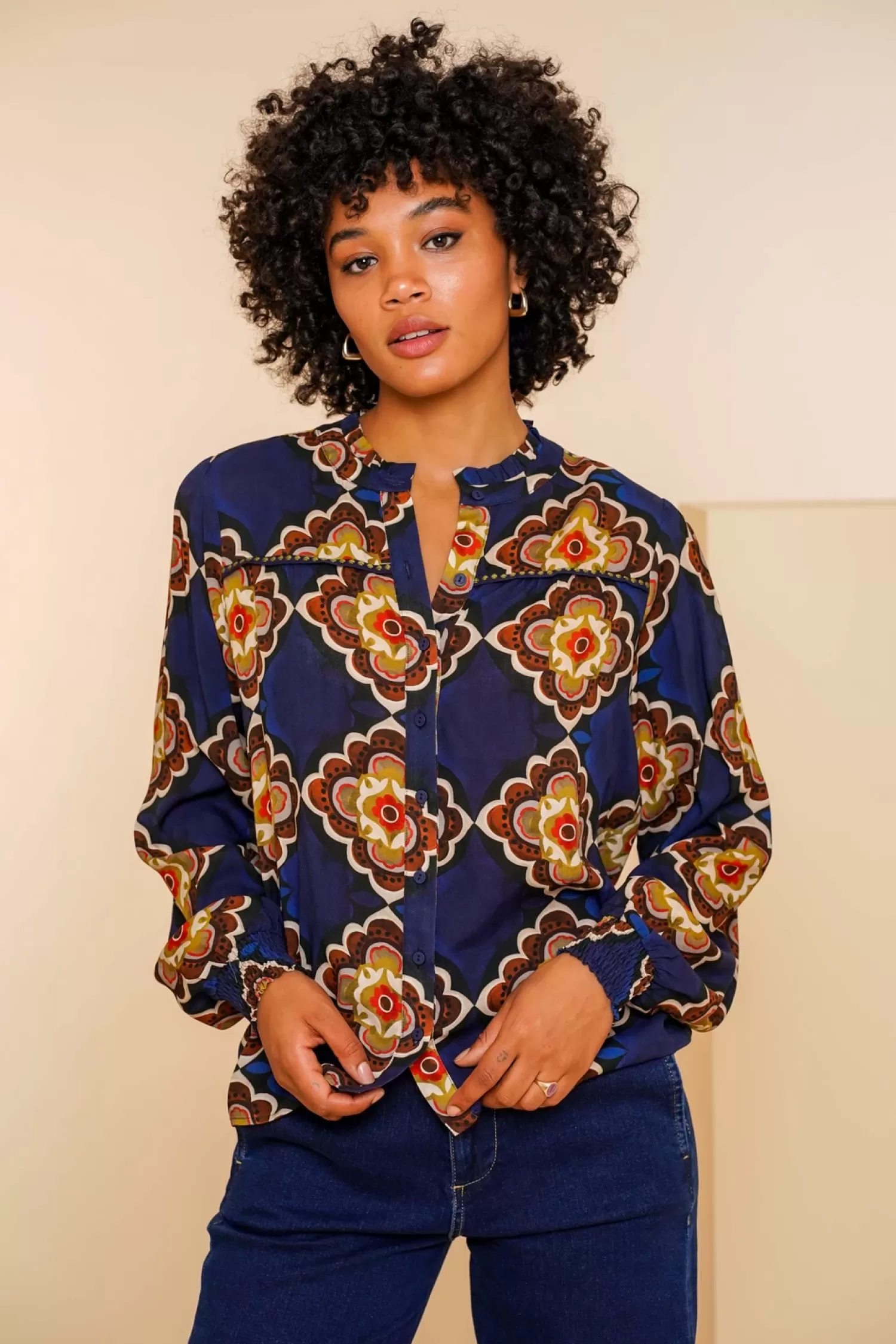 Geisha Fashion Blouses*Geisha Dames Blouse Met Print 43683-20 blue