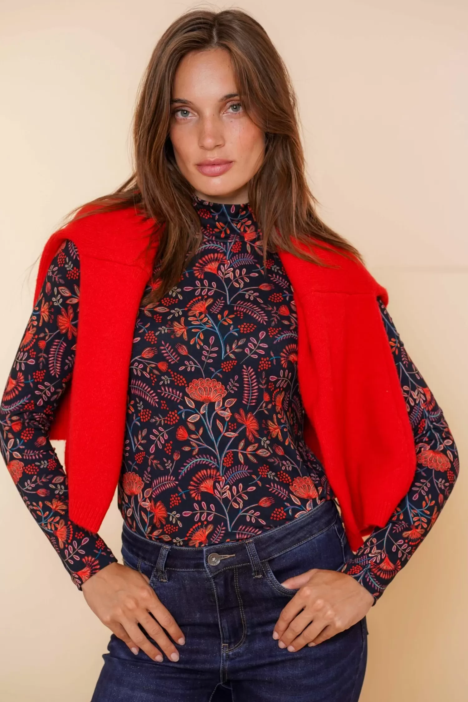 Geisha Fashion Tops & T-shirts*Geisha Dames Top Met Bloemenprint 42528-60 navy