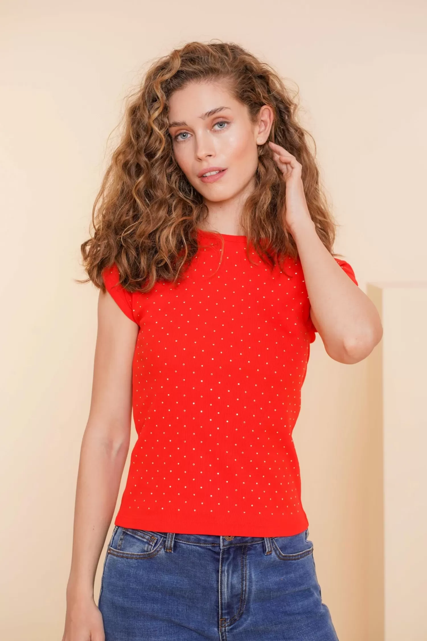 Geisha Fashion Tops & T-shirts*Geisha Dames T-shirt Met Studs 42607-41 rood