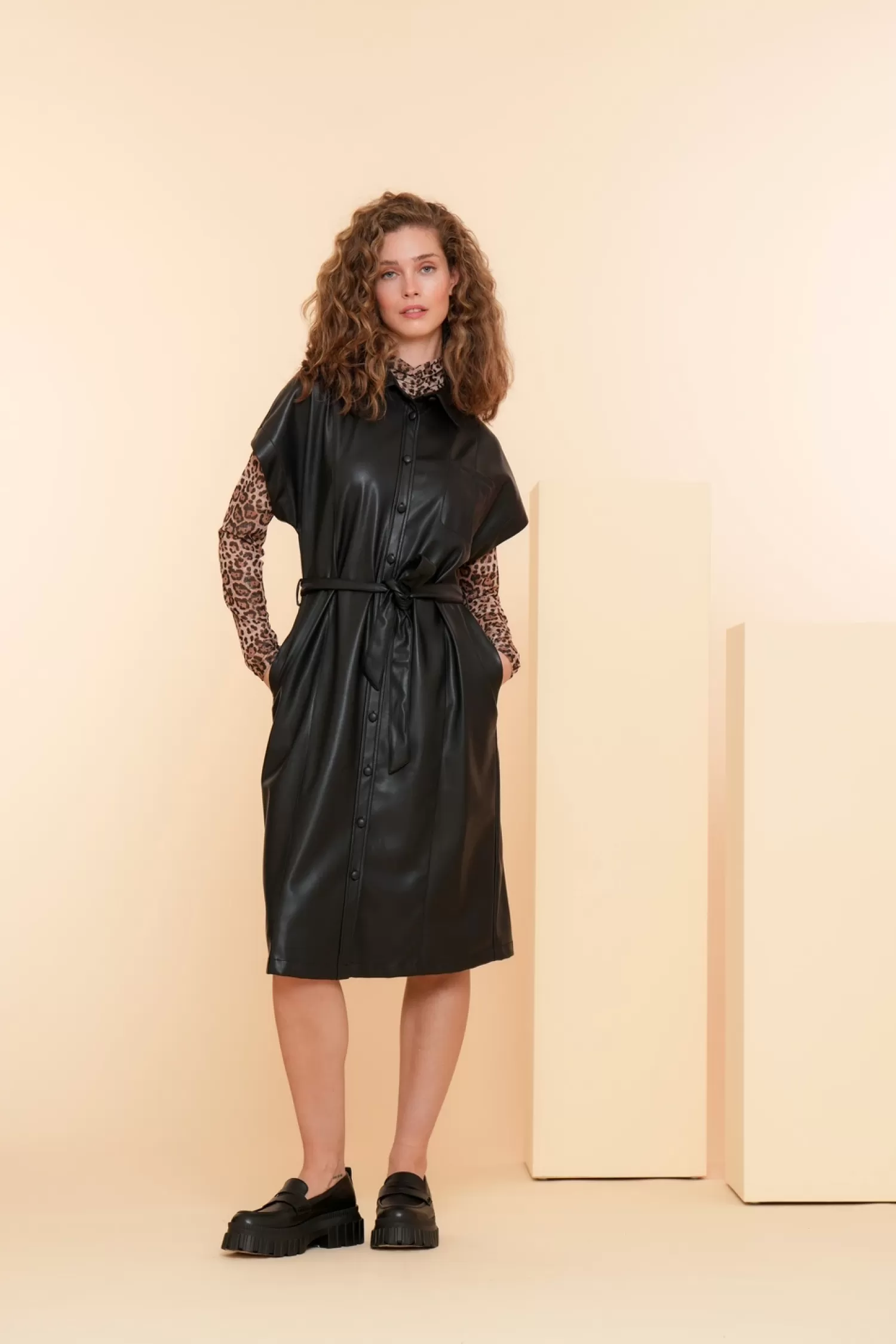 Geisha Fashion Jurken & Jumpsuits*Geisha Dames Vegan Leather Look Shirtdress 47503-10 zwart